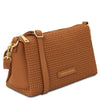 Woven Leather Shoulder Bag in cognac color with embossed woven finish and gold accents.