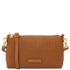 Woven Leather Shoulder Bag in cognac color with embossed finish and adjustable strap.