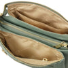 Interior view of Woven Leather Shoulder Bag showing compartments and soft lining.