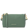 Woven Leather Shoulder Bag in green with gold accents and a textured woven finish.