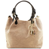 Front View Of The Beige Woven Leather Bag