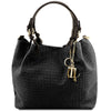 Front View Of The Black Woven Leather Bag