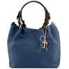 Front View Of The Dark Blue Woven Leather Bag