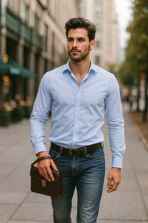 Man carrying a dark brown leather wrist bag as a practical birthday gift for him