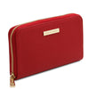 Angled View Of The Lipstick Red Zipper Wallet For Women