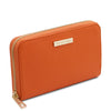 Angled View Of The Orange Zipper Wallet For Women