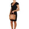 Women Holding The Small Cognac Tote Leather Handbag