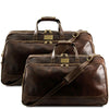 Front Angled View Of The Dark Brown Bora Bora Leather Trolley Set