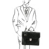 Man Posing With The Black Leather Laptop Briefcase Of The 4 Wheeled Luggage And Leather Laptop Briefcase Set