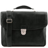 Front View Of The Black Leather Laptop Briefcase Of The 4 Wheeled Luggage And Leather Laptop Briefcase Set