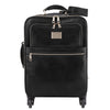 Front View Of The Black 4 Wheeled Luggage Trolley Bag Of The 4 Wheeled Luggage And Leather Laptop Briefcase Set