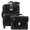 Front View Of The Black 4 Wheeled Luggage And Leather Laptop Briefcase Set