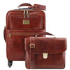 Front View Of The Brown 4 Wheeled Luggage And Leather Laptop Briefcase Set