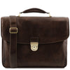 Front View Of The Dark Brown Leather Laptop Briefcase Of The 4 Wheeled Luggage And Leather Laptop Briefcase Set