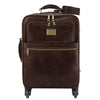 Front View Of The Dark Brown 4 Wheeled Luggage Trolley Bag Of The 4 Wheeled Luggage And Leather Laptop Briefcase Set