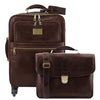 Front View Of The Dark Brown 4 Wheeled Luggage And Leather Laptop Briefcase Set
