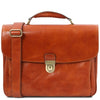 Front View Of The Honey Leather Laptop Briefcase Of The 4 Wheeled Luggage And Leather Laptop Briefcase Set
