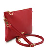 Angled And Shoulder Strap View Of The Lipstick Red Clutch
