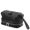 Angled View Of The Toiletry Bag Of The Black Leather Travel Duffle Bag and Mens Toiletry Bag Leather Set