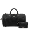 Front View Of The Black Leather Travel Duffle Bag and Mens Toiletry Bag Leather Set