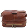 Front View Of The Toiletry Bag Of The Brown Leather Travel Duffle Bag and Mens Toiletry Bag Leather Set