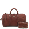 Front View Of The Brown Leather Travel Duffle Bag and Mens Toiletry Bag Leather Set