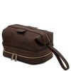 Angled View Of The Toiletry Bag Of The Dark Brown Leather Travel Duffle Bag and Mens Toiletry Bag Leather Set