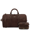 Front View Of The Dark Brown Leather Travel Duffle Bag and Mens Toiletry Bag Leather Set