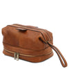 Angled View Of The Toiletry Bag Of The Natural Leather Travel Duffle Bag and Mens Toiletry Bag Leather Set