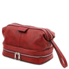 Angled View Of The Toiletry Bag Of The Red Leather Travel Duffle Bag and Mens Toiletry Bag Leather Set