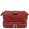 Front View Of The Toiletry Bag Of The Red Leather Travel Duffle Bag and Mens Toiletry Bag Leather Set