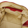 Internal Zip Pocket View Of The Travel Bag Of The Red Leather Travel Duffle Bag and Mens Toiletry Bag Leather Set
