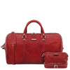 Front View Of The Red Leather Travel Duffle Bag and Mens Toiletry Bag Leather Set