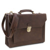 Angled And Shoulder Strap View Of The Dark Brown Professional Leather Briefcase
