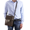 Man Posing With The Dark Brown Leather Crossbody Bag Large