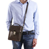 Man Posing With The Dark Brown Leather Crossbody Bag Small
