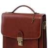 Front Key And Lock View Of The Brown Leather Crossbody Bag Large