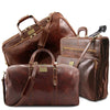 Front View Of This Deluxe Brown Leather Travel Bag Set