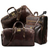 Front View Of This Deluxe Dark Brown Leather Travel Bag Set