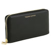 Angled View Of The Black Ladies Leather Zip Around Wallet