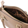 Internal Pockets View Of The Light Taupe Fortuna Vertical Leather Handbag