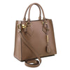 Side On View Of The Light Taupe Fortuna Vertical Leather Handbag