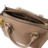 Top Zipper Closure View Of The Light Taupe Fortuna Vertical Leather Handbag