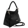 Angled And Shoulder Strap View Of The Black Handbag For Ladies