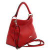 Angled And Shoulder Strap View Of The Lipstick Red Handbag For Ladies