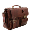 Angled And Shoulder Strap View Of The Brown Italian Leather Briefcase