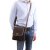 Man Posing With The Dark Brown Leather Crossbody Bag Mens