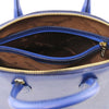Internal Zip Pocket View Of The Small Blue Tote Leather Handbag