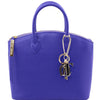 Front View Of The Small Blue Tote Leather Handbag