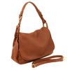 Angled And Shoulder Strap View Of The Cognac Soft Leather Hobo Handbag